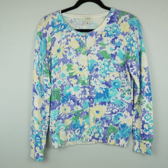 LL Bean‎ Floral Cardigan Sweater Pastel Blue Purple Yellow Green Size Medium - Picture 2 of 8
